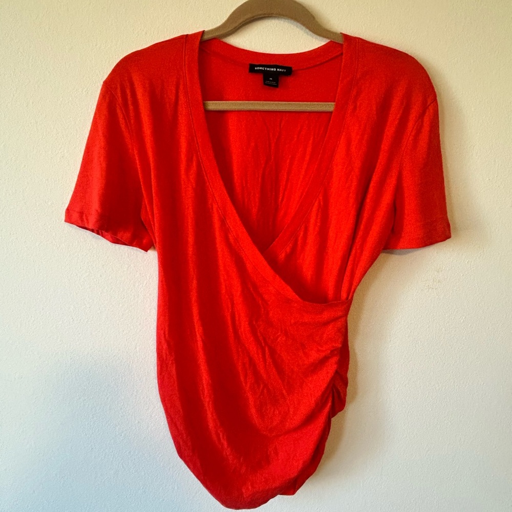 Something Navy Women's Red Surplice Neck Tee - Medium